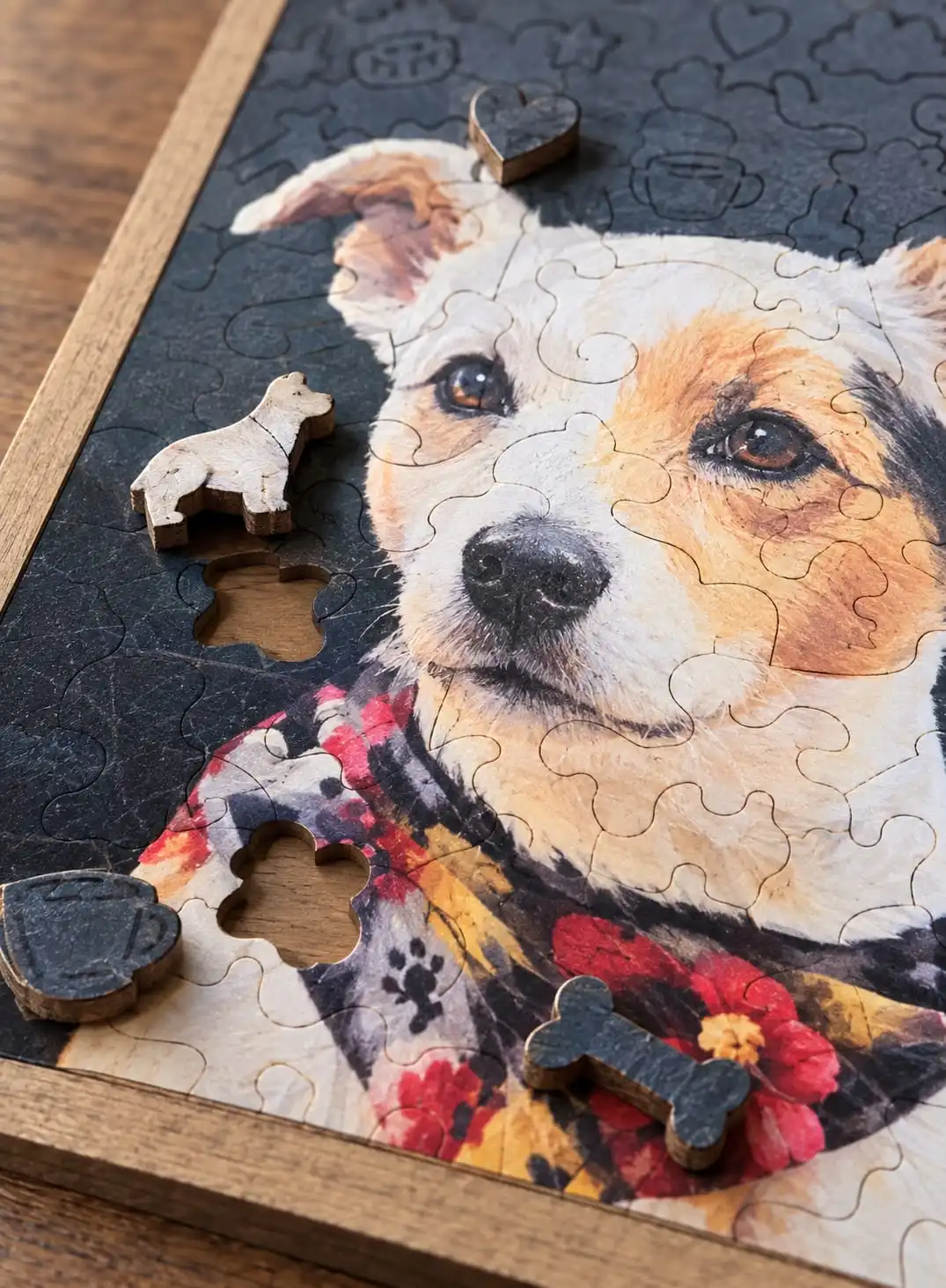 Rompecabezas de madera con el retrato IA de Otto, un perro con pañuelo de flores